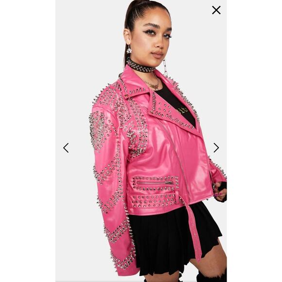 NWOT Azalea Wang Hot Pink Vegan Leather Studded Moto Jacket Plus 3x SOFI 3xl - Picture 1 of 13